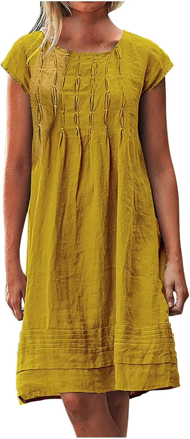 Linen Dress for Women Pleated Summer Dresses Round Neck Short Sleeve Sundress Beach Vacation Casual Mini Dress 2025