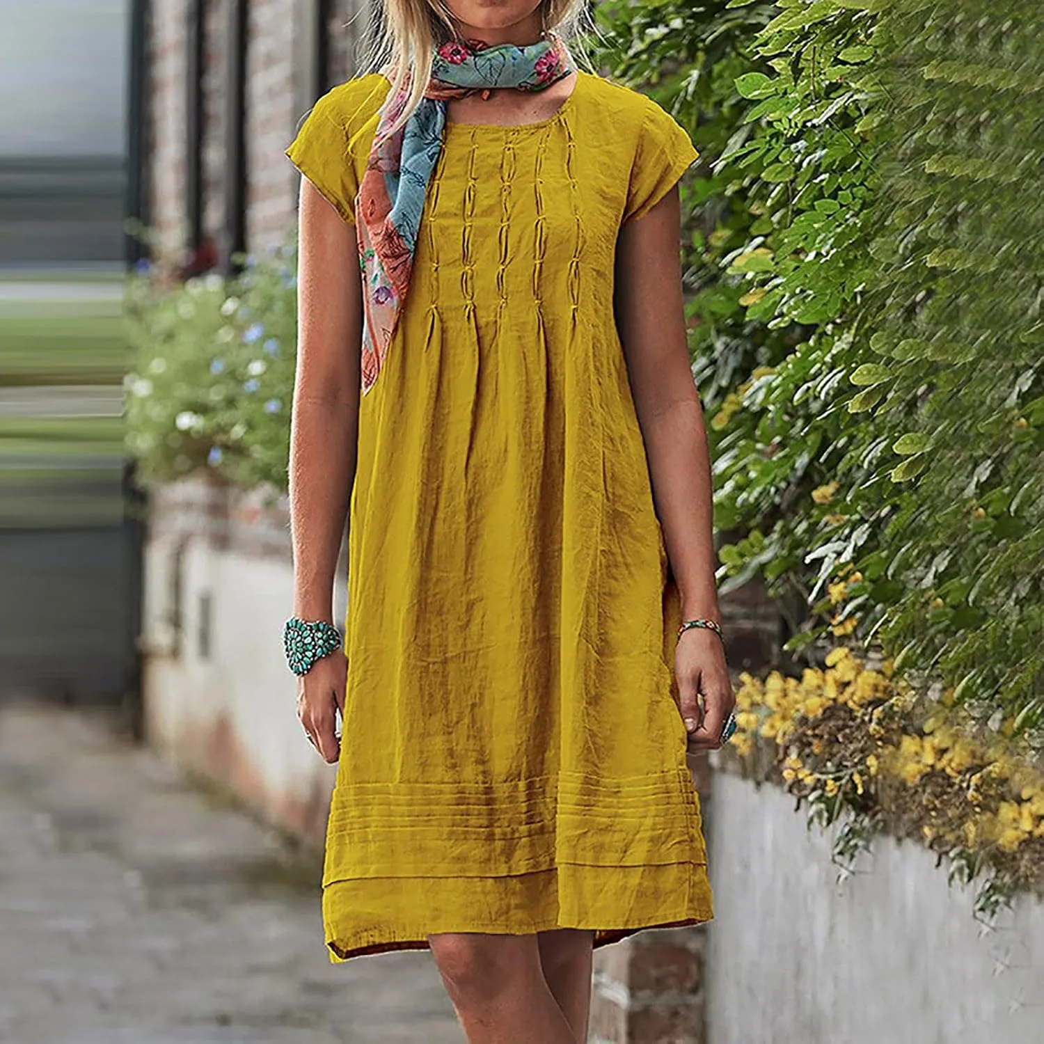 Linen Dress for Women Pleated Summer Dresses Round Neck Short Sleeve Sundress Beach Vacation Casual Mini Dress 2025