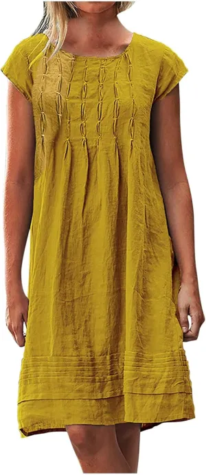 Linen Dress for Women Pleated Summer Dresses Round Neck Short Sleeve Sundress Beach Vacation Casual Mini Dress 2025