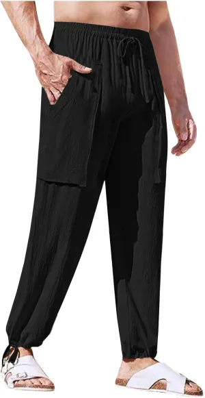 Linen Pants for Mens Casual Pants Drawstring Beach Trousers Relaxed-Fit Yoga Pants Soft Elastic Waist Pants
