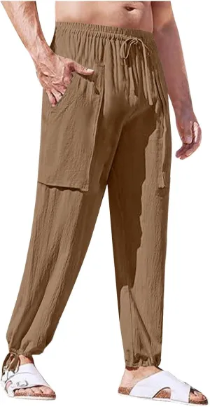 Linen Pants for Mens Casual Pants Drawstring Beach Trousers Relaxed-Fit Yoga Pants Soft Elastic Waist Pants