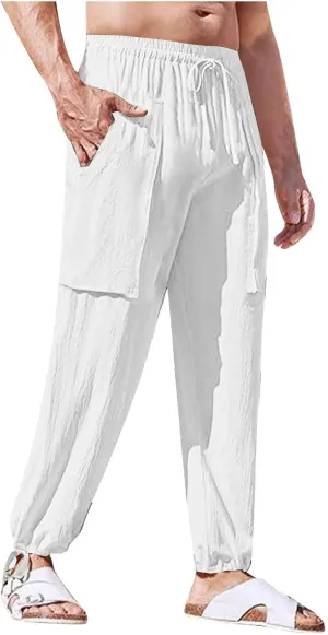 Linen Pants for Mens Casual Pants Drawstring Beach Trousers Relaxed-Fit Yoga Pants Soft Elastic Waist Pants