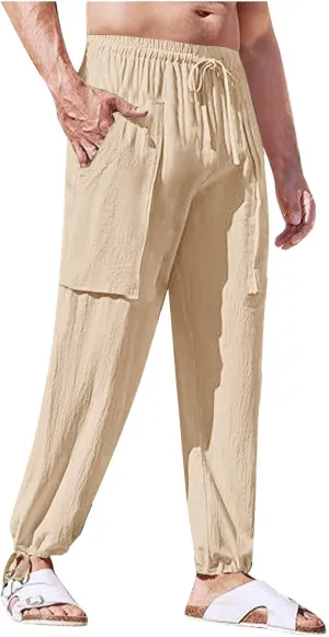 Linen Pants for Mens Casual Pants Drawstring Beach Trousers Relaxed-Fit Yoga Pants Soft Elastic Waist Pants