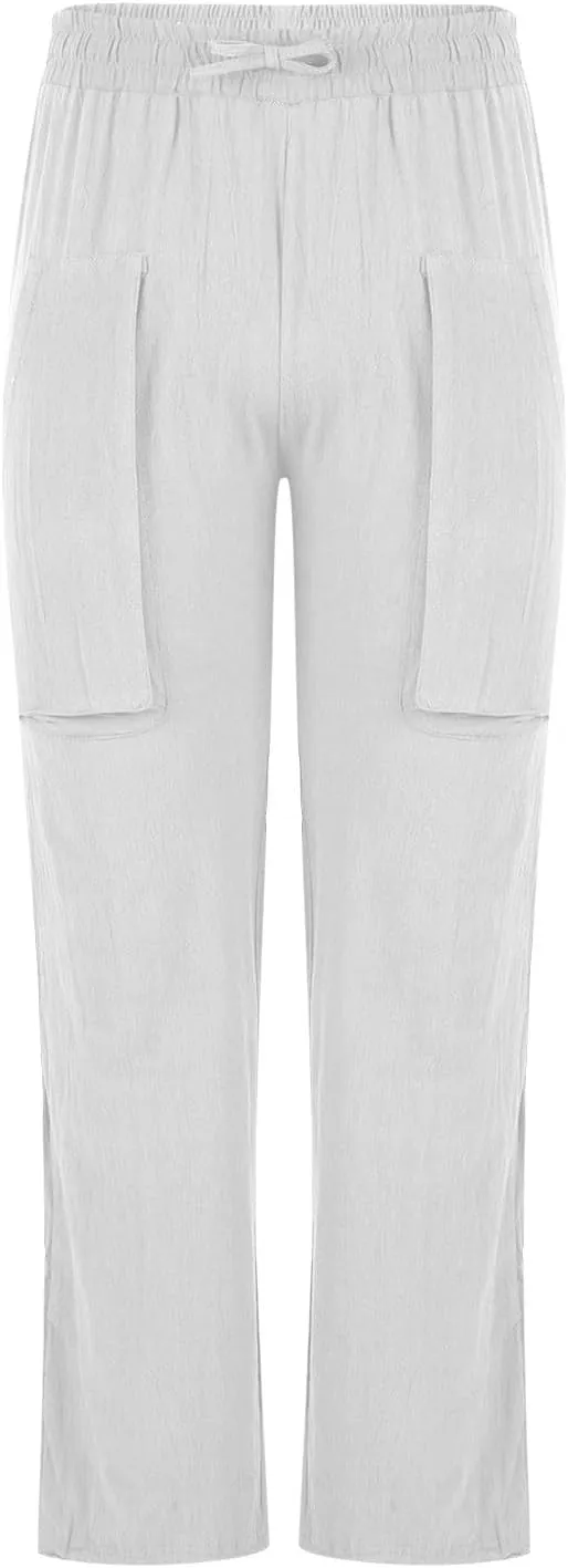 Linen Pants for Mens Casual Pants Drawstring Beach Trousers Relaxed-Fit Yoga Pants Soft Elastic Waist Pants