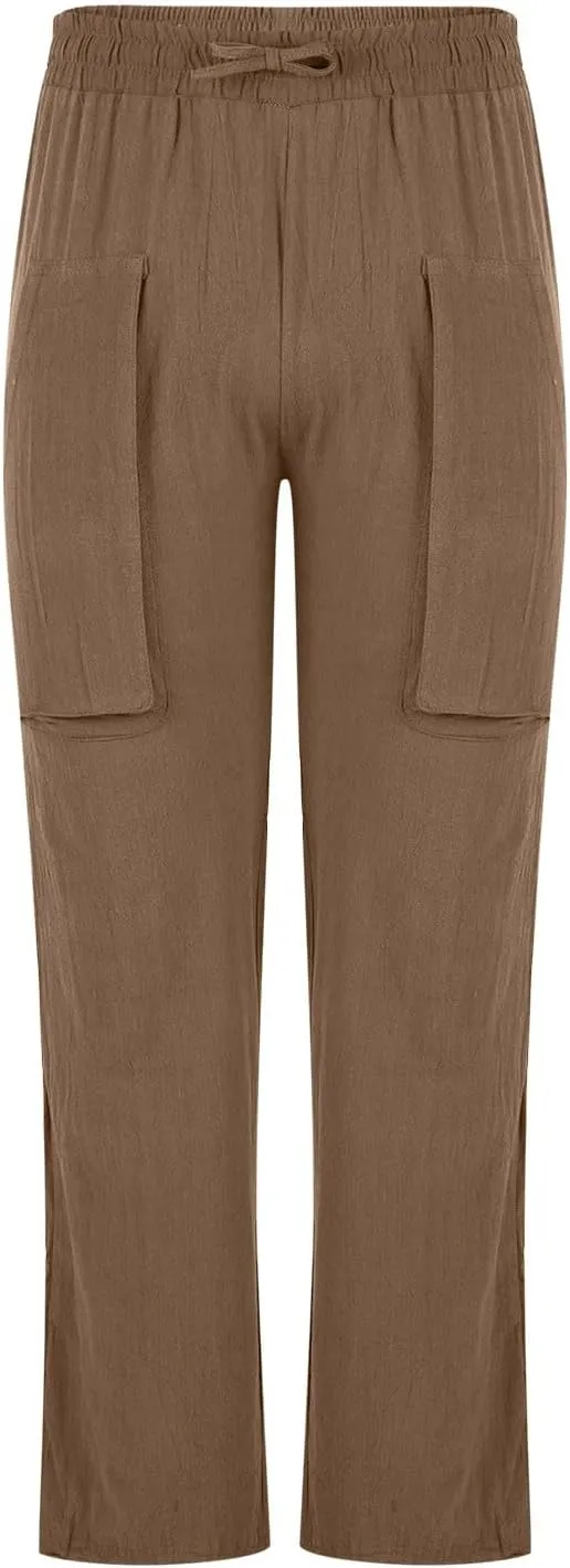 Linen Pants for Mens Casual Pants Drawstring Beach Trousers Relaxed-Fit Yoga Pants Soft Elastic Waist Pants