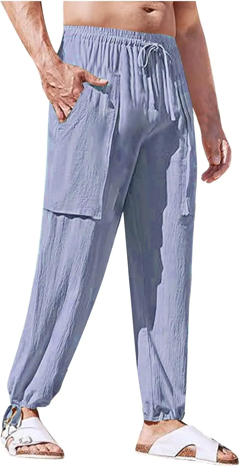 Linen Pants for Mens Casual Pants Drawstring Beach Trousers Relaxed-Fit Yoga Pants Soft Elastic Waist Pants