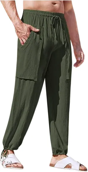 Linen Pants for Mens Casual Pants Drawstring Beach Trousers Relaxed-Fit Yoga Pants Soft Elastic Waist Pants