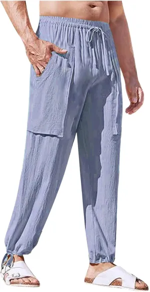 Linen Pants for Mens Casual Pants Drawstring Beach Trousers Relaxed-Fit Yoga Pants Soft Elastic Waist Pants