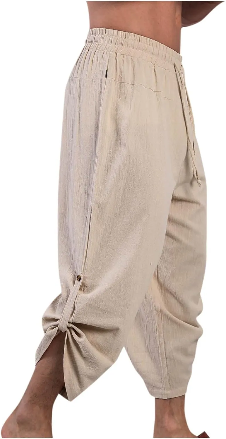 Linen Pants Mens Casual Pants Drawstring Beach Trousers Relaxed-Fit Yoga Pants Soft Elastic Waist Pants