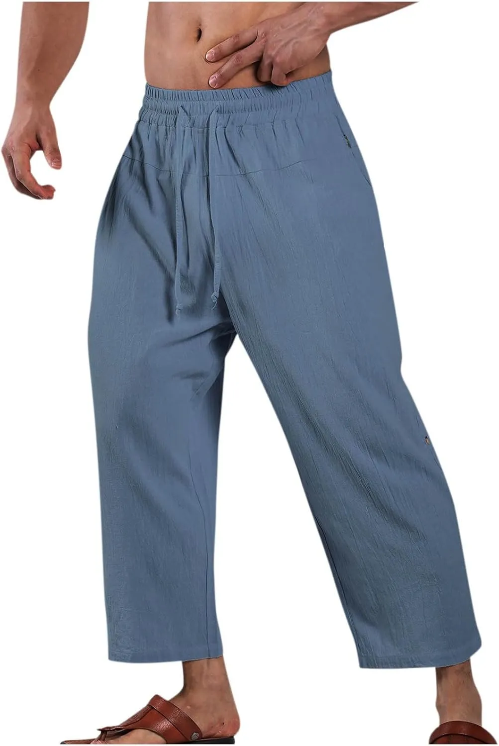 Linen Pants Mens Casual Pants Drawstring Beach Trousers Relaxed-Fit Yoga Pants Soft Elastic Waist Pants