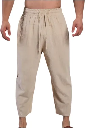 Linen Pants Mens Casual Pants Drawstring Beach Trousers Relaxed-Fit Yoga Pants Soft Elastic Waist Pants