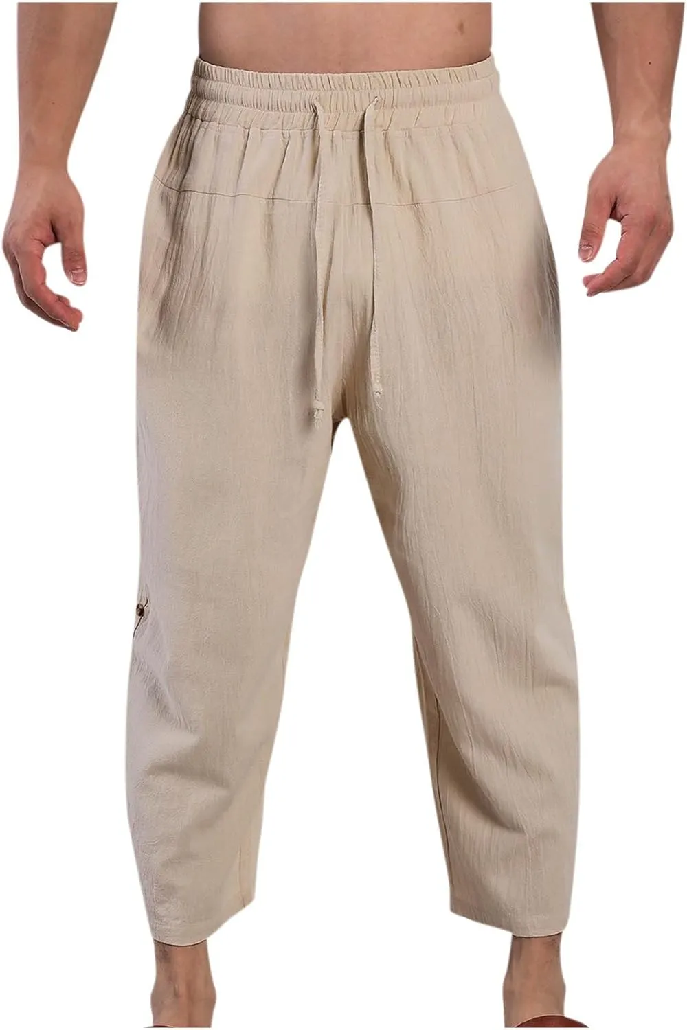 Linen Pants Mens Casual Pants Drawstring Beach Trousers Relaxed-Fit Yoga Pants Soft Elastic Waist Pants