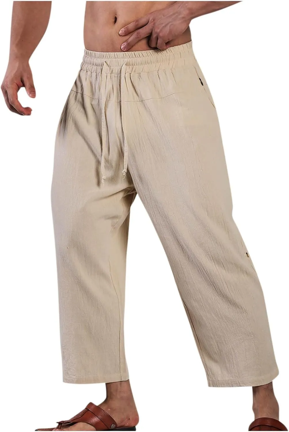 Linen Pants Mens Casual Pants Drawstring Beach Trousers Relaxed-Fit Yoga Pants Soft Elastic Waist Pants
