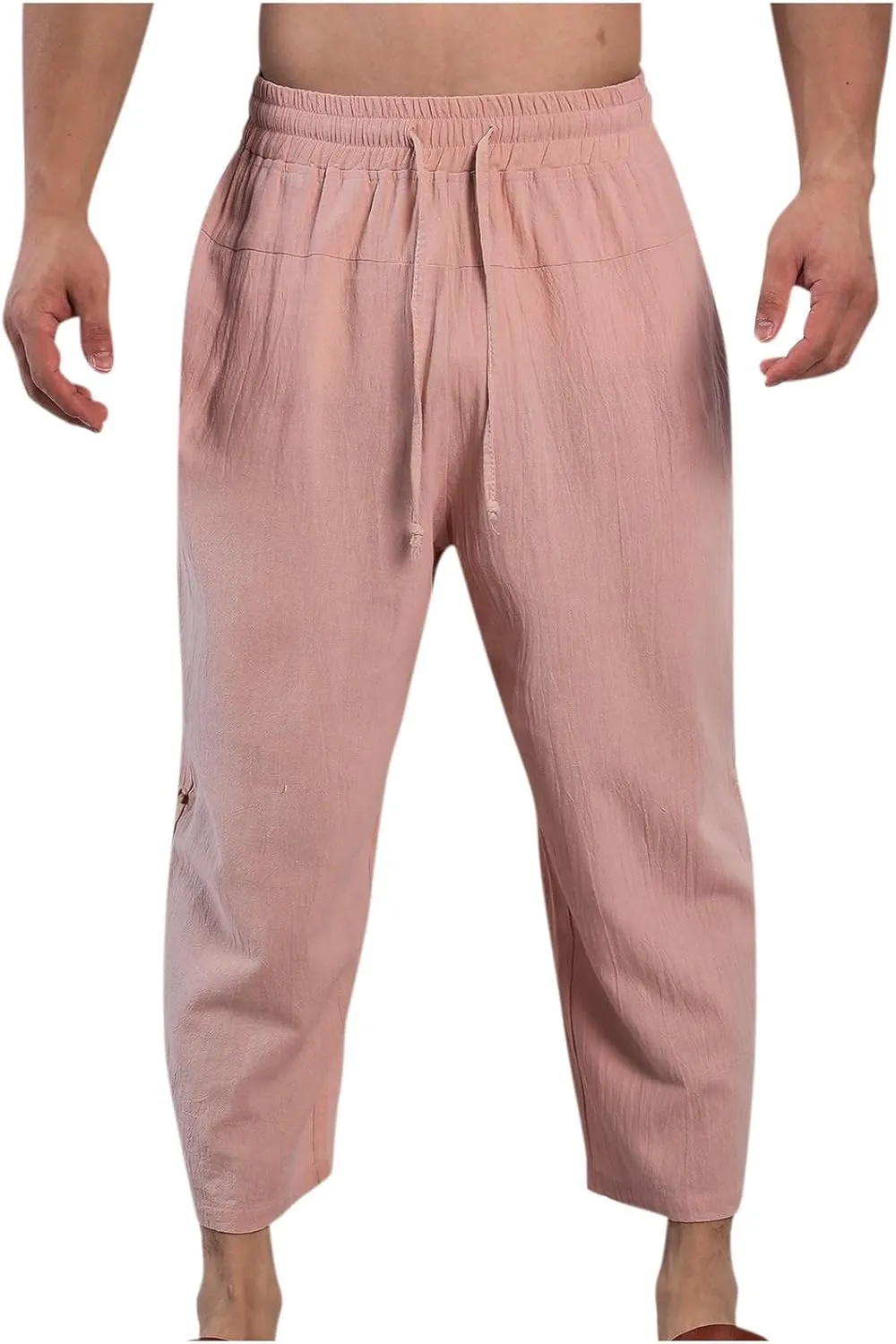 Linen Pants Mens Casual Pants Drawstring Beach Trousers Relaxed-Fit Yoga Pants Soft Elastic Waist Pants