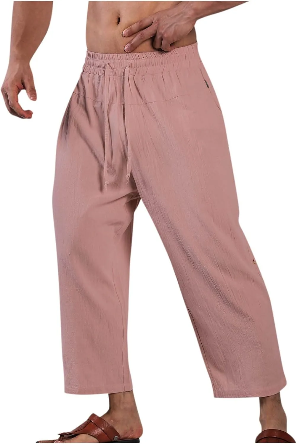 Linen Pants Mens Casual Pants Drawstring Beach Trousers Relaxed-Fit Yoga Pants Soft Elastic Waist Pants