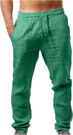 Linen Pants Mens Casual Pants Relaxed-Fit Beach Trousers Summer Yoga Pants Soft Elastic Waist Pants