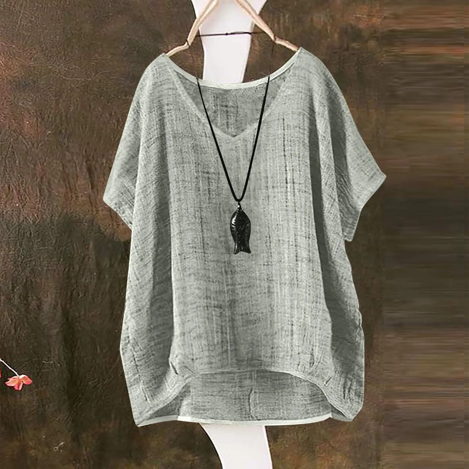 Linen Shirts for Women Summer Casual Trendy Boho Plus Size Shirts Crewneck Short Sleeve Cute Tops Loose Fit Blouses