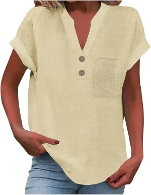 Linen Shirts for Women V Neck Button Down Blouse Short Sleeve Office Work Tops Vintage Vacation Tees Blouse Tops