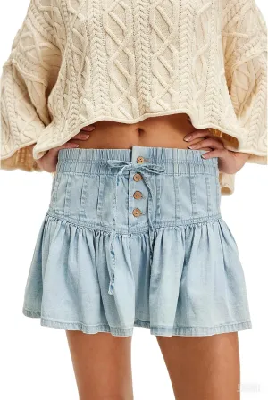 Lisskolo Womens Pleated Jean Shorts Denim Ruffle Short Mini Jean Skirt High Waisted Flare Wide Leg Summer Denim Shorts