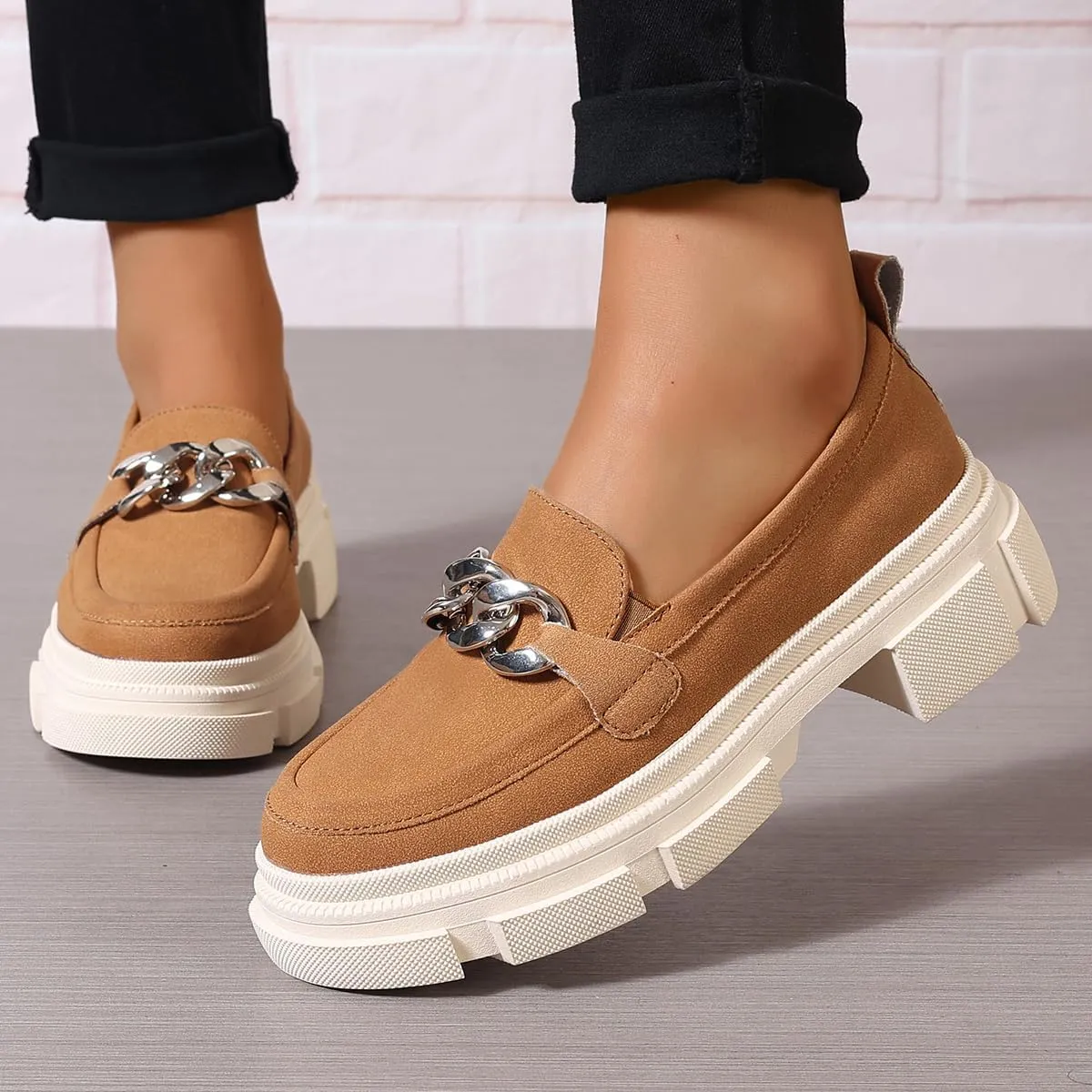 Loafers for Women Chunky Heeled Platform Lug Sole Round Toe Oxfords with Chain Casual Business Work Shoes