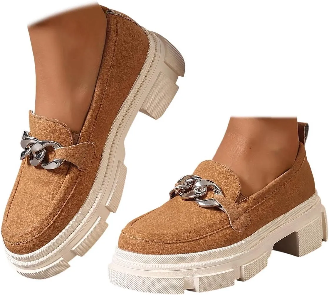 Loafers for Women Chunky Heeled Platform Lug Sole Round Toe Oxfords with Chain Casual Business Work Shoes