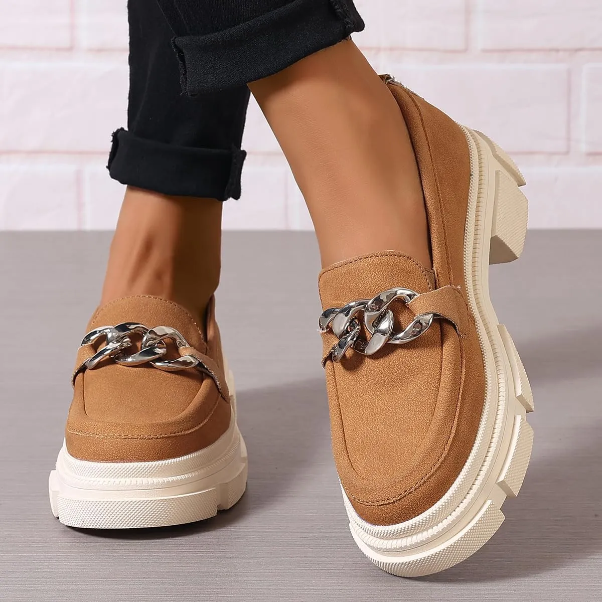 Loafers for Women Chunky Heeled Platform Lug Sole Round Toe Oxfords with Chain Casual Business Work Shoes