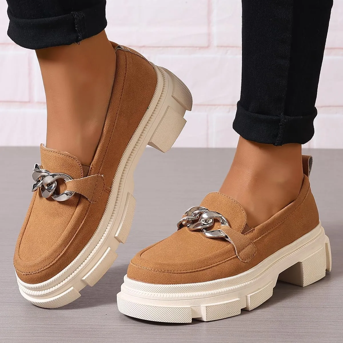 Loafers for Women Chunky Heeled Platform Lug Sole Round Toe Oxfords with Chain Casual Business Work Shoes