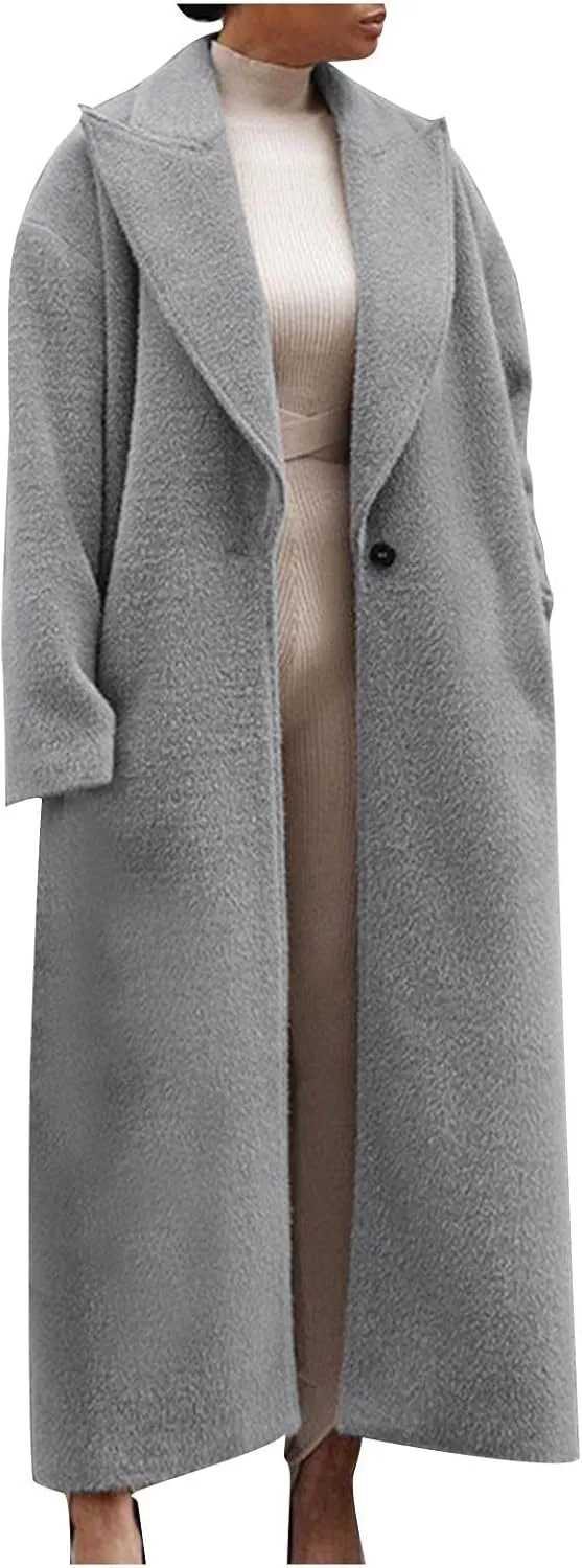Long Trench Coat for Women Elegant Single Breasted Pea Coat Winter Warm Wool Blend Oversized Pea Coat with Pockets
