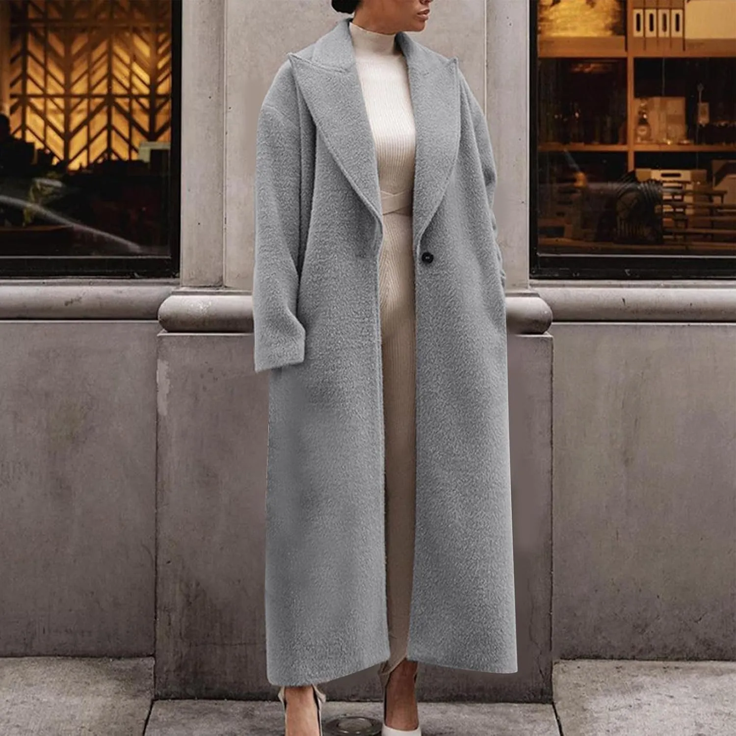 Long Trench Coat for Women Elegant Single Breasted Pea Coat Winter Warm Wool Blend Oversized Pea Coat with Pockets
