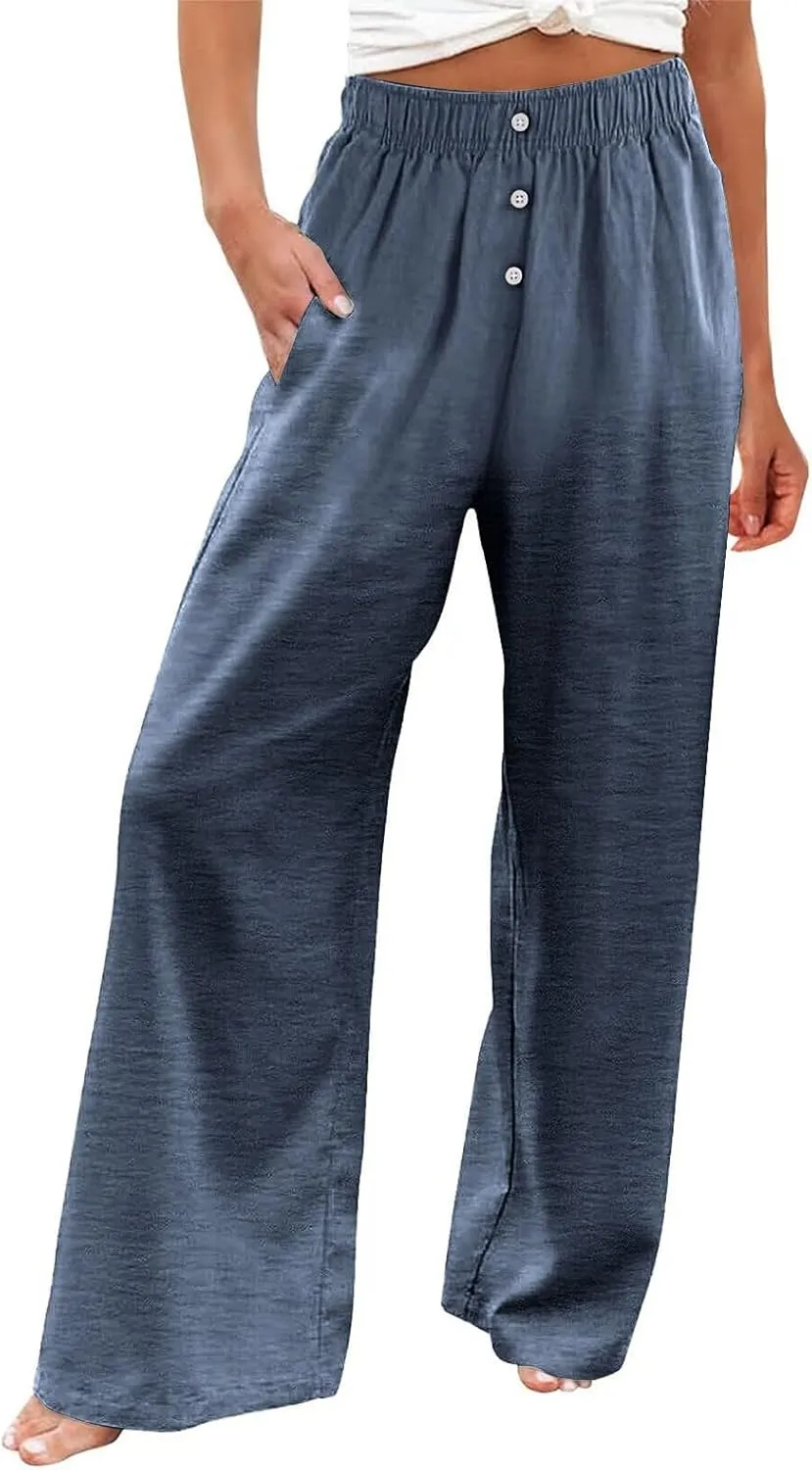 Loose Linen Pants for Women Elastic High Waisted Wide Leg Loose Comfy Trousers with Pockets Linen Blend Pants