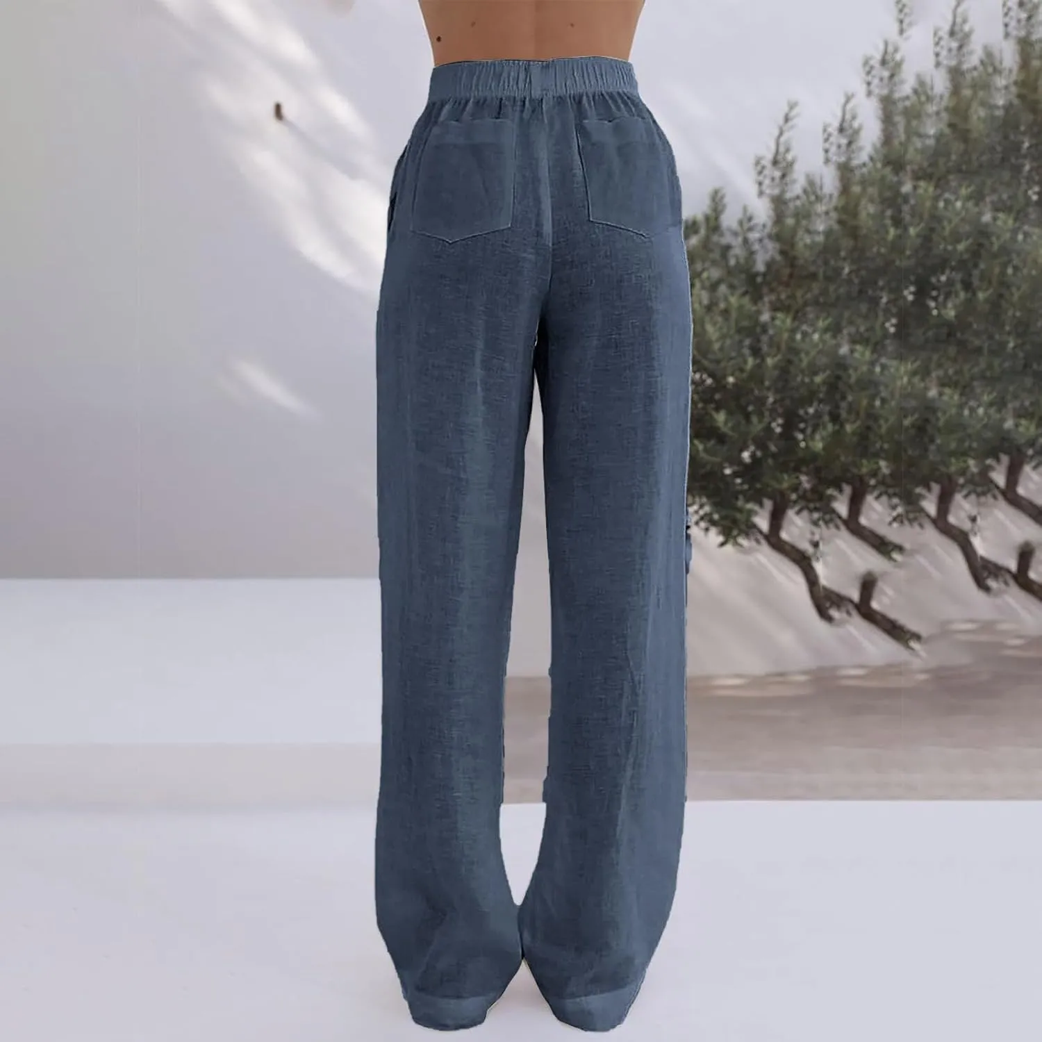 Loose Linen Pants for Women Elastic High Waisted Wide Leg Loose Comfy Trousers with Pockets Linen Blend Pants