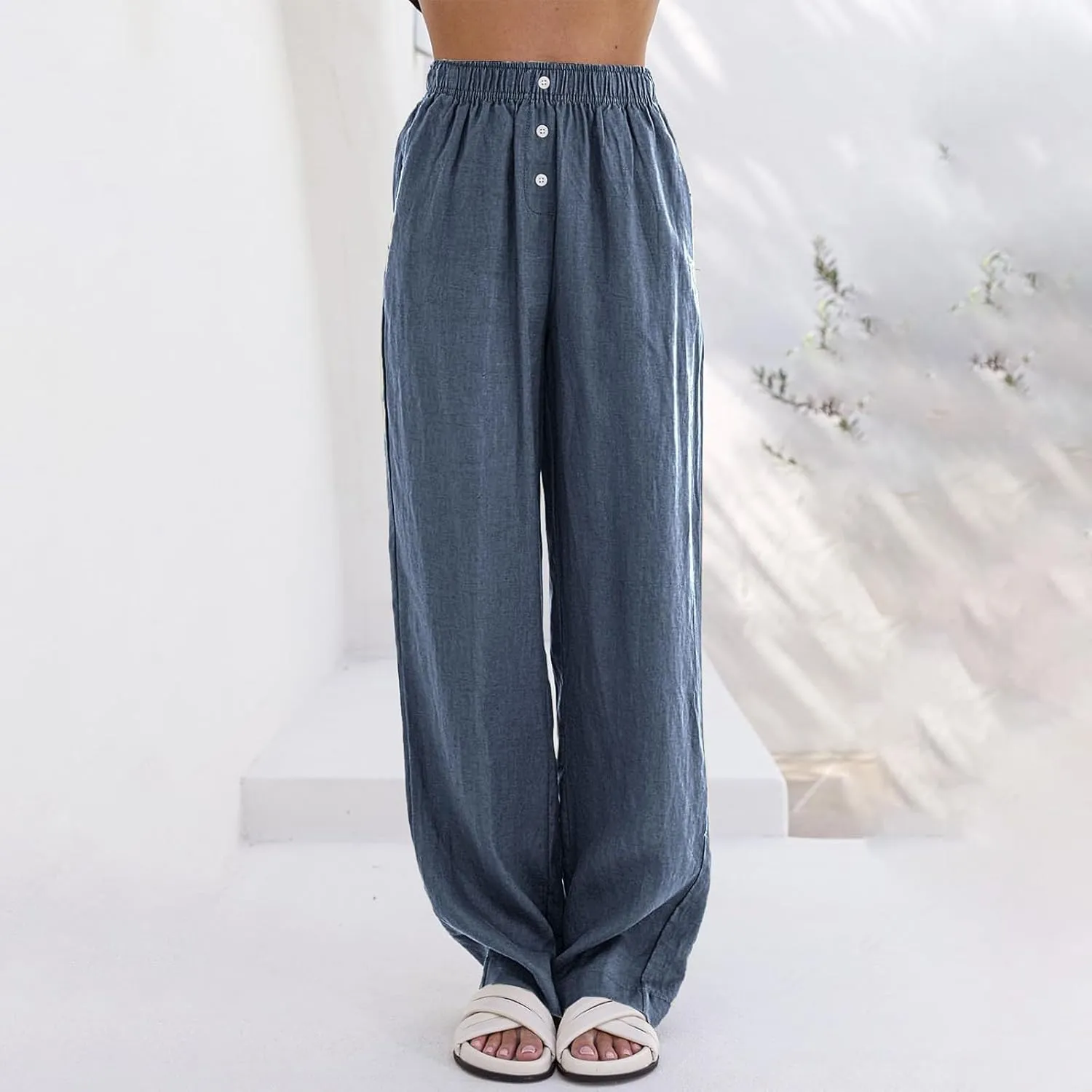 Loose Linen Pants for Women Elastic High Waisted Wide Leg Loose Comfy Trousers with Pockets Linen Blend Pants