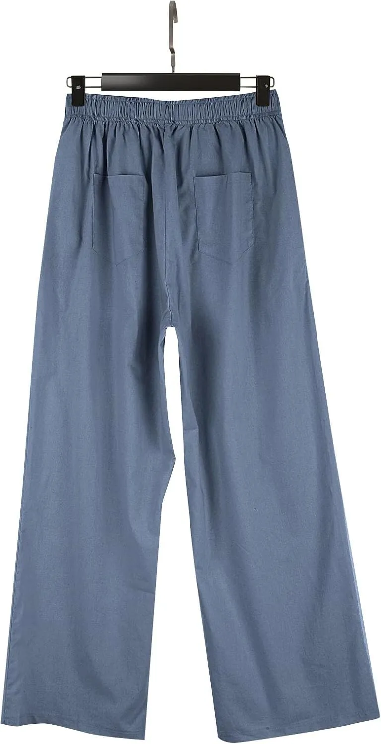 Loose Linen Pants for Women Elastic High Waisted Wide Leg Loose Comfy Trousers with Pockets Linen Blend Pants