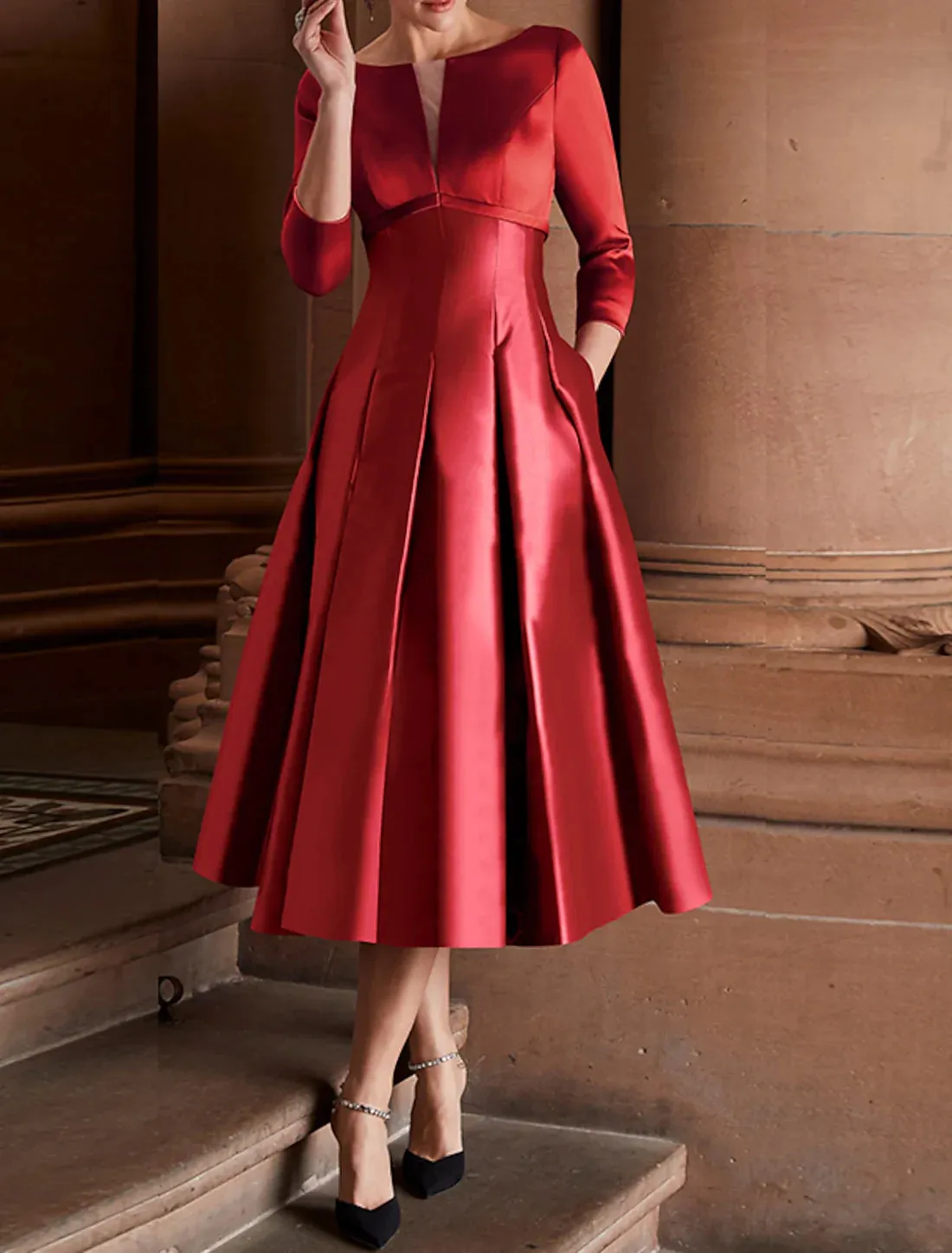Luolandi A-Line Cocktail Dresses Minimalist Dress Christmas Red Green Dress Wedding Guest Tea Length 3/4 Length Sleeve Jewel Neck Fall Wedding Guest Satin with Pleats