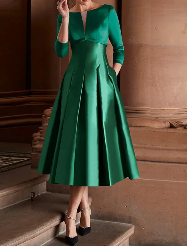 Luolandi A-Line Cocktail Dresses Minimalist Dress Christmas Red Green Dress Wedding Guest Tea Length 3/4 Length Sleeve Jewel Neck Fall Wedding Guest Satin with Pleats