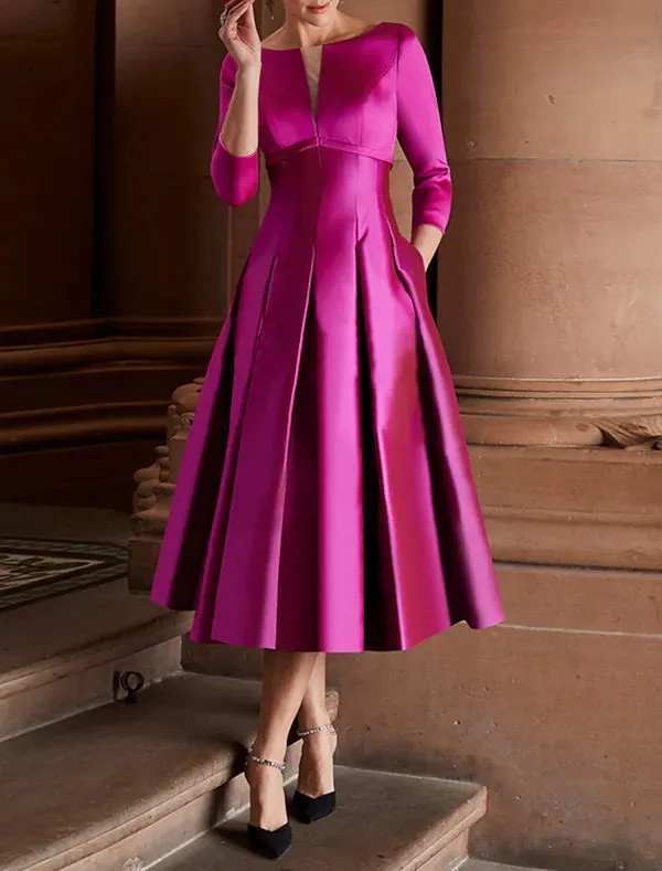 Luolandi A-Line Cocktail Dresses Minimalist Dress Christmas Red Green Dress Wedding Guest Tea Length 3/4 Length Sleeve Jewel Neck Fall Wedding Guest Satin with Pleats