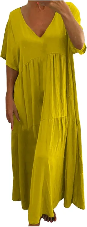 maisdgop Maxi Dresses for Women 2025 Trendy Summer Solid Mid Length Sundress Plus Size Short Sleeve Round Neck Beach Dress