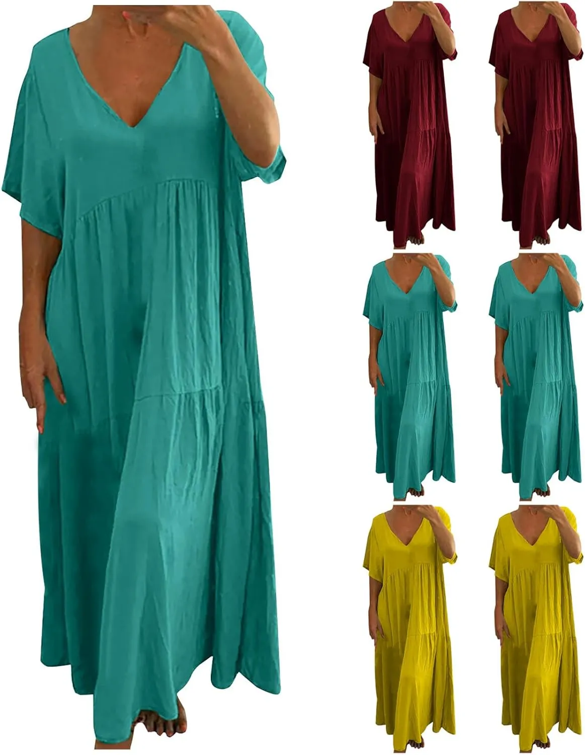 maisdgop Maxi Dresses for Women 2025 Trendy Summer Solid Mid Length Sundress Plus Size Short Sleeve Round Neck Beach Dress