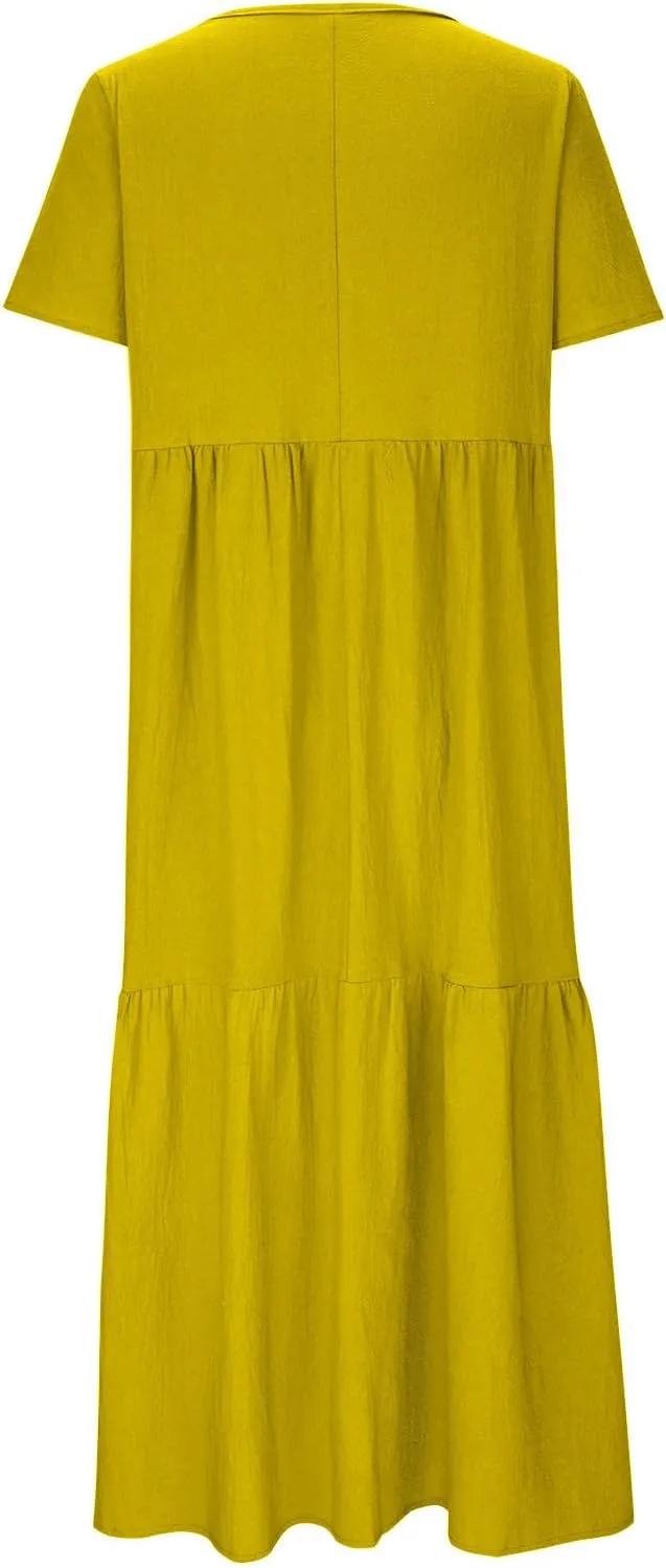 maisdgop Maxi Dresses for Women 2025 Trendy Summer Solid Mid Length Sundress Plus Size Short Sleeve Round Neck Beach Dress