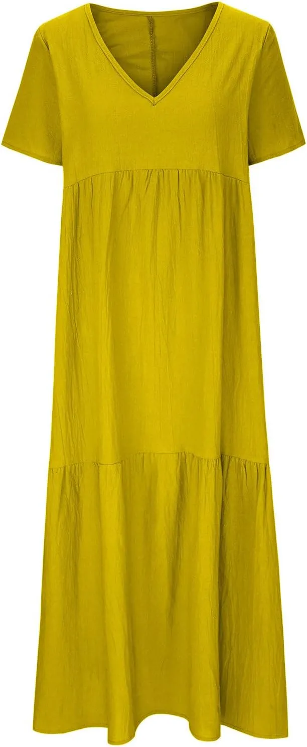 maisdgop Maxi Dresses for Women 2025 Trendy Summer Solid Mid Length Sundress Plus Size Short Sleeve Round Neck Beach Dress