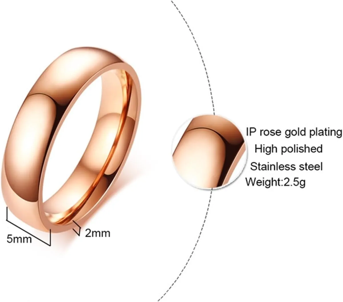 Matching Wedding Rings for Him and Her, Couples Promise Rings Set Stainless Steel Comfort Fit Polished Rose Gold Ring 5mm