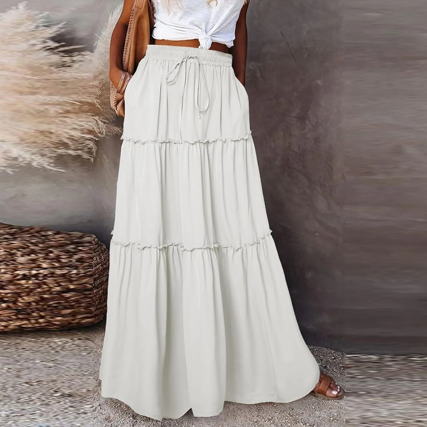 Maxi Skirts for Women Vintage Flower Elastic High Waist Long Skirt Pleated Tiered A-Line Swing Skirts