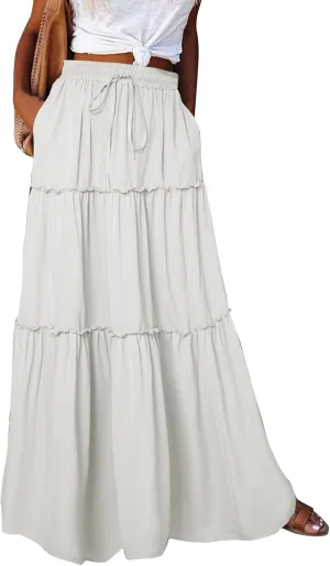 Maxi Skirts for Women Vintage Flower Elastic High Waist Long Skirt Pleated Tiered A-Line Swing Skirts