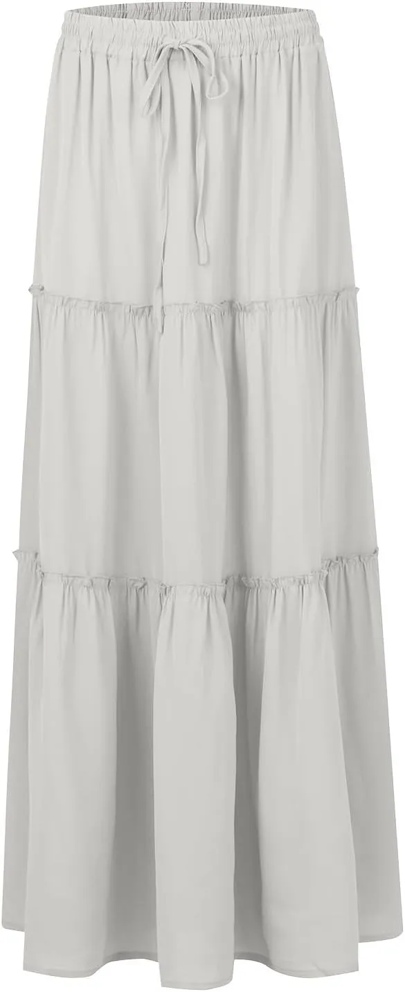 Maxi Skirts for Women Vintage Flower Elastic High Waist Long Skirt Pleated Tiered A-Line Swing Skirts
