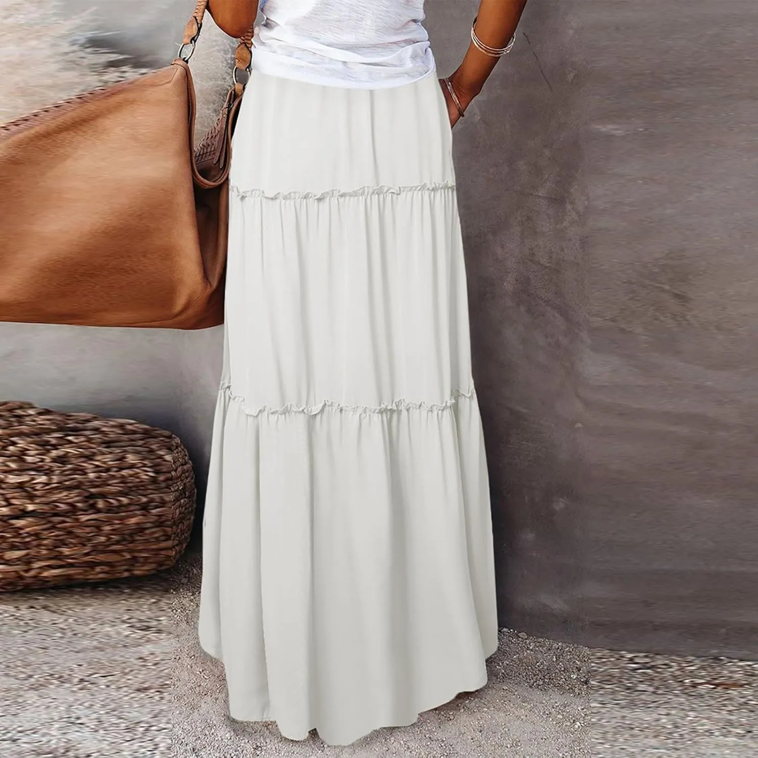 Maxi Skirts for Women Vintage Flower Elastic High Waist Long Skirt Pleated Tiered A-Line Swing Skirts