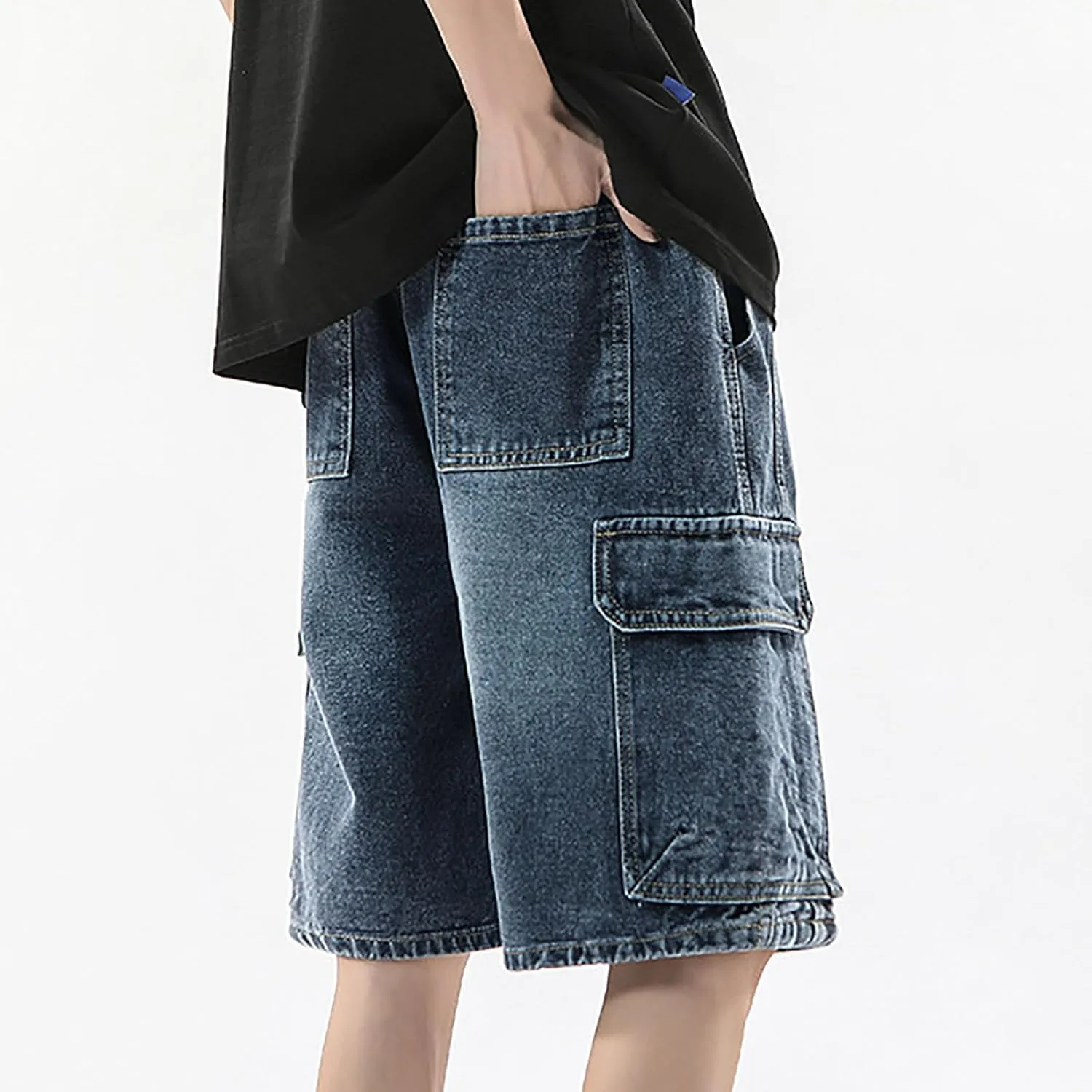 Men Y2K Grunge Baggy Jean Shorts Summer Casual Hip Hop Cargo Pants Loose Denim Shorts with Pockets