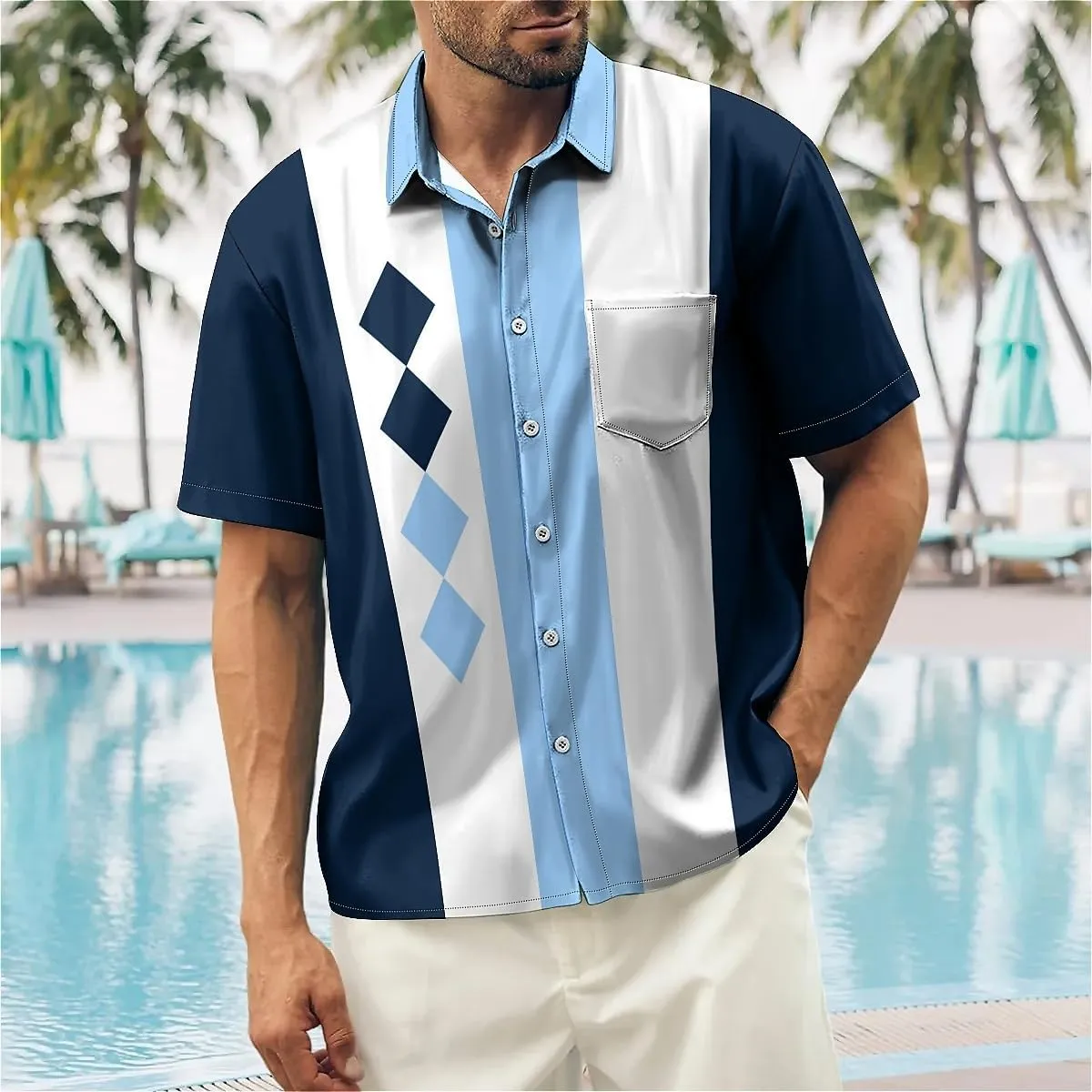 Mens Bowling Shirts, 1950s Hawaiian Vintage Button Down Short Sleeve Shirts Summer Casual Holiday Beach Shirts
