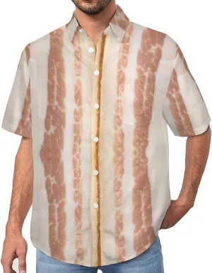 Men's Button Down Shirts Bacon Arranged Stripes Short Sleeve Casual Shirts Summer Beach Shirts with Pocket