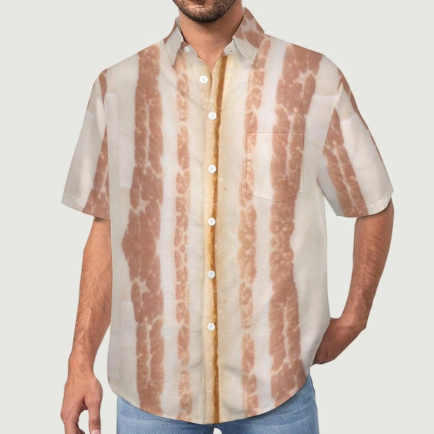 Men's Button Down Shirts Bacon Arranged Stripes Short Sleeve Casual Shirts Summer Beach Shirts with Pocket