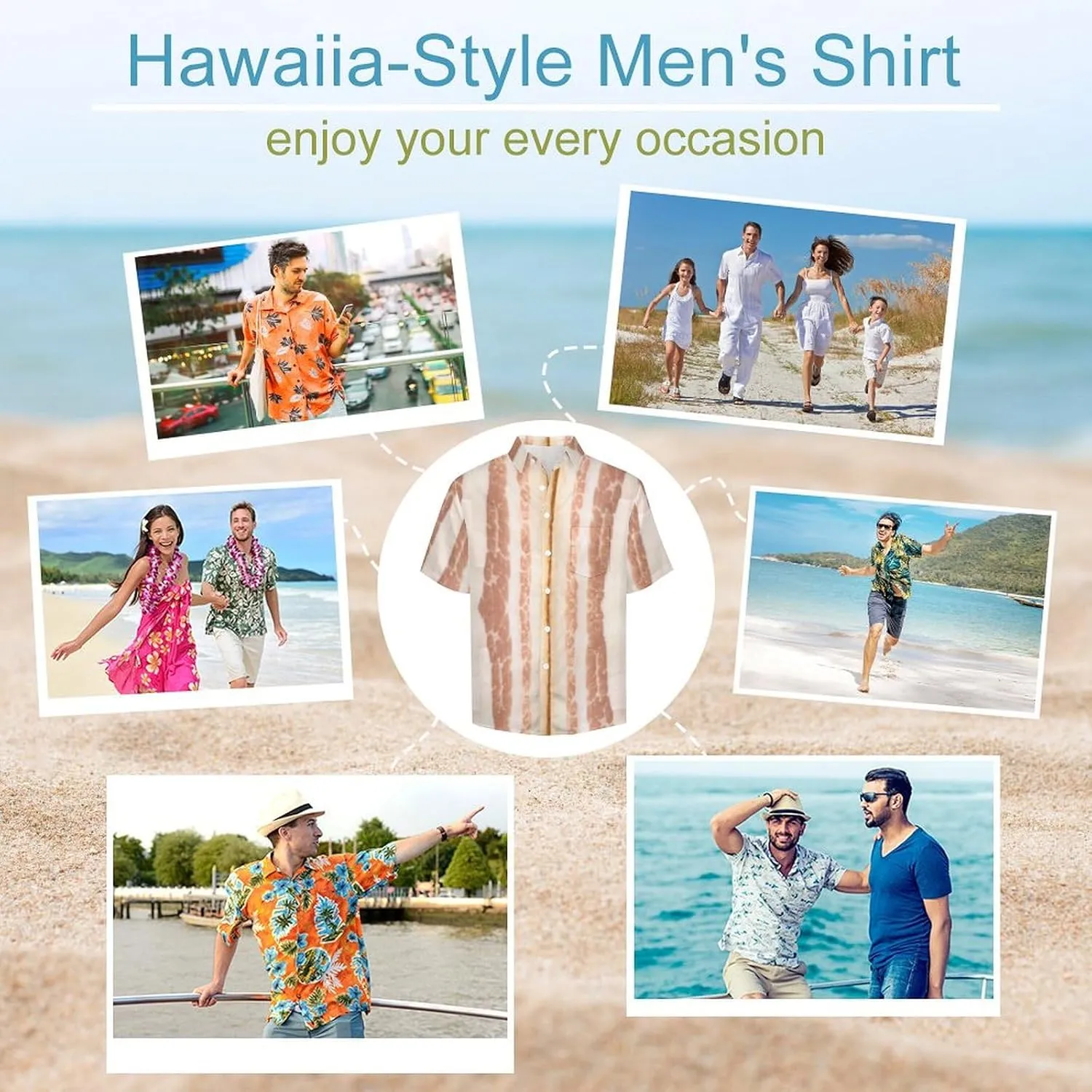 Men's Button Down Shirts Bacon Arranged Stripes Short Sleeve Casual Shirts Summer Beach Shirts with Pocket